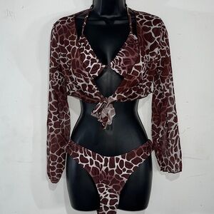 Brown Animal Print 3 Piece Bikini Set Cropped Sheer Cover Up Top Size Large